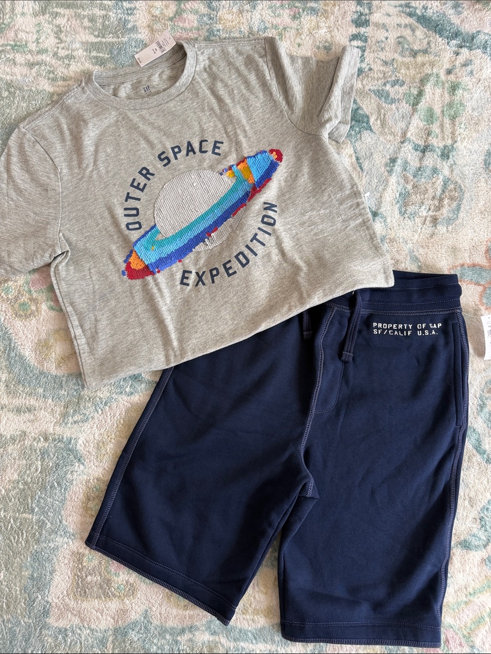 GAP Gray Space Graphic Tee with Navy Knit Shorts